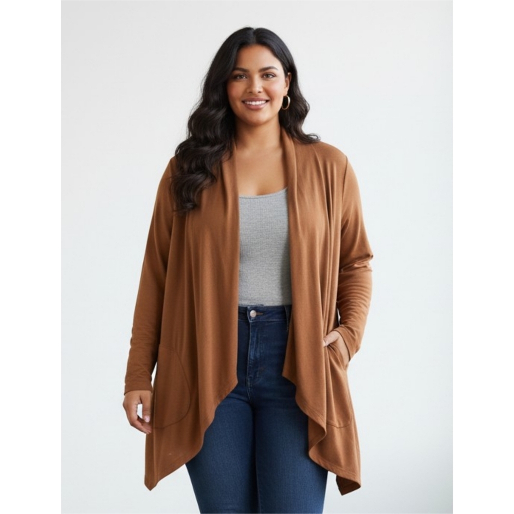Style & Co Open Front Draped Cardigan Dark Camel Size 3X